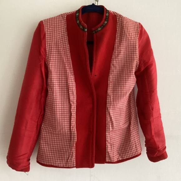 Lang Originals Red wool embroidered trim silver stamped buttons lined blazer S - Picture 6 of 9